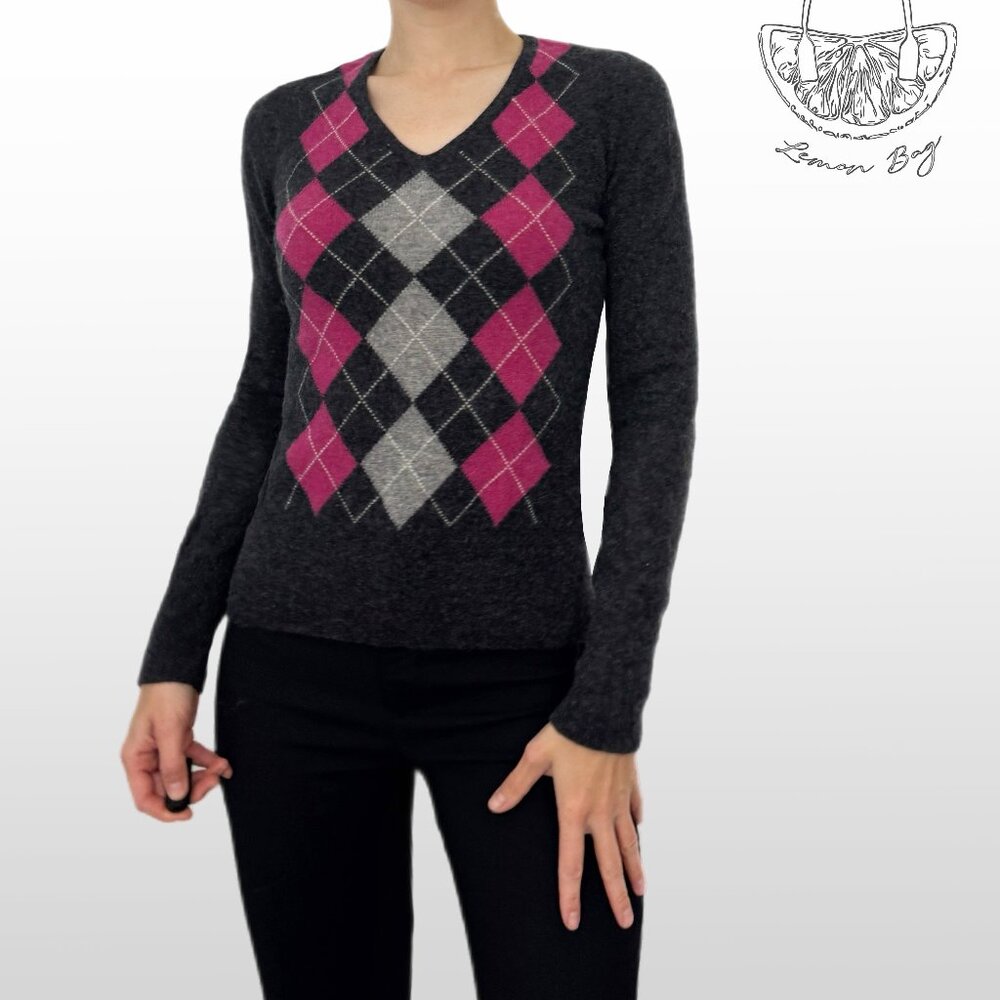 N/A / Cashmere V-Neck Sweater Argyle Diamond / Grey Pink /Size S